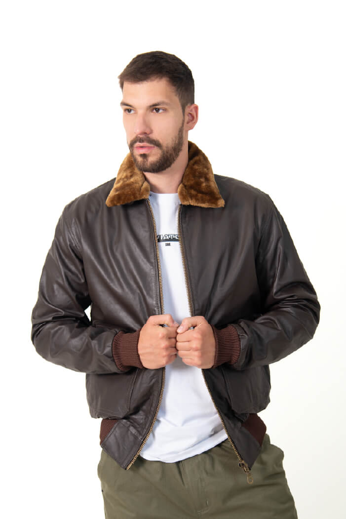 Chaqueta de Cuero para Hombre G1 Piloto Militar Café
