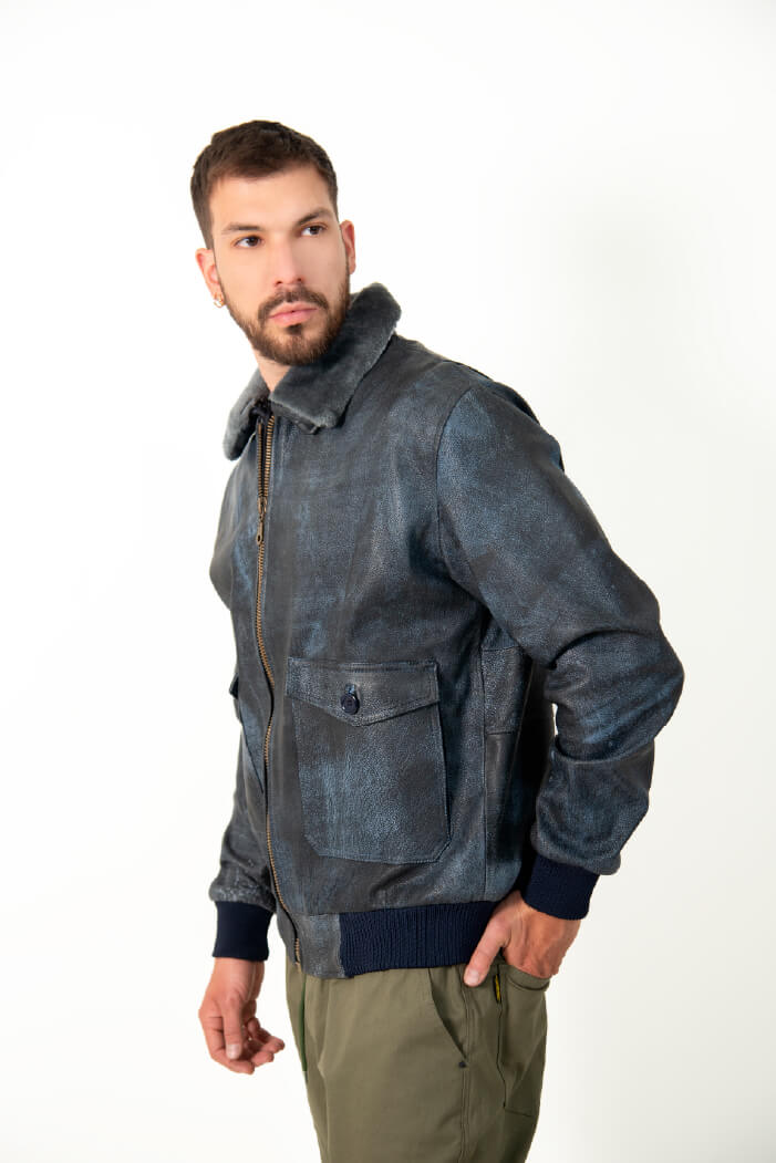 Chaqueta de Cuero para Hombre G1 Piloto Militar Azul